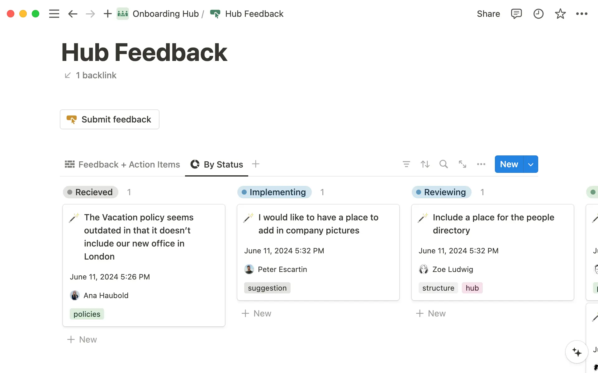 フィードバックデータベースは、時とともににナレッジハブを成長させていく中で、利用者からの要望を収集するのに適した方法です。