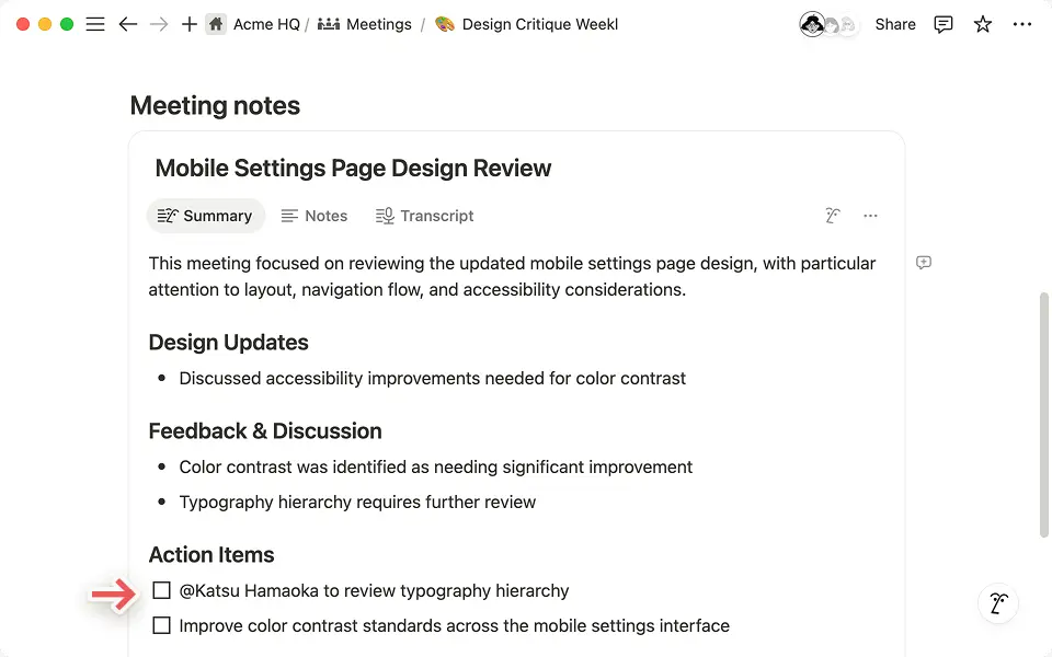 Notion AIは、メモでタグ付けしたユーザーを、サマリータブで自動的にタグ付けします。